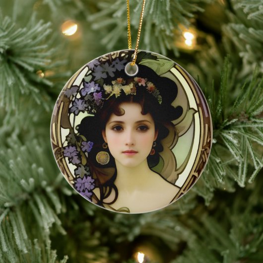 ミュシャエレガントスタイルポートレートの美しい女性 セラミックオーナメント (ツリー)