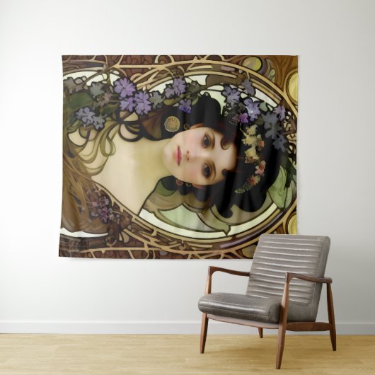 ミュシャエレガントスタイルポートレートの美しい女性 タペストリー (インサイチュ(横))