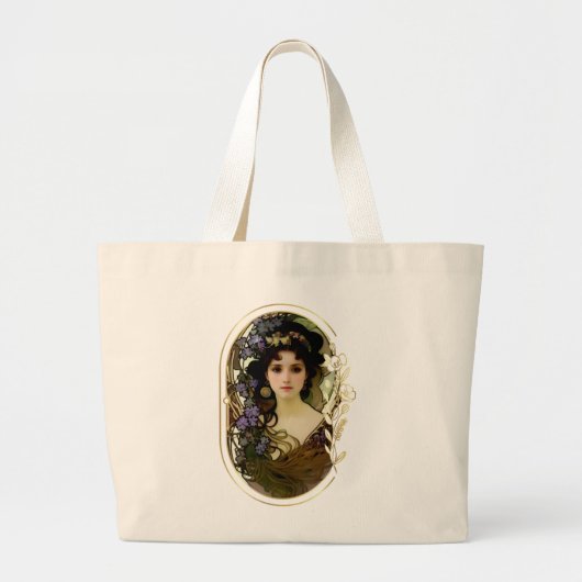 ミュシャエレガントスタイルポートレートの美しい女性 ラージトートバッグ (正面)