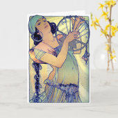 ミュシャジプシー・タンバリン・ダンス・ミュージック・ウーマン カード (黄色い花)