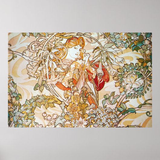 ミュシャ女性とデイジーアールヌーボーポスタープリント ポスター (正面)