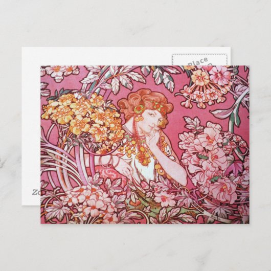 ミュシャ女性の花のアールヌーボーはがき ポストカード (正面/裏面)