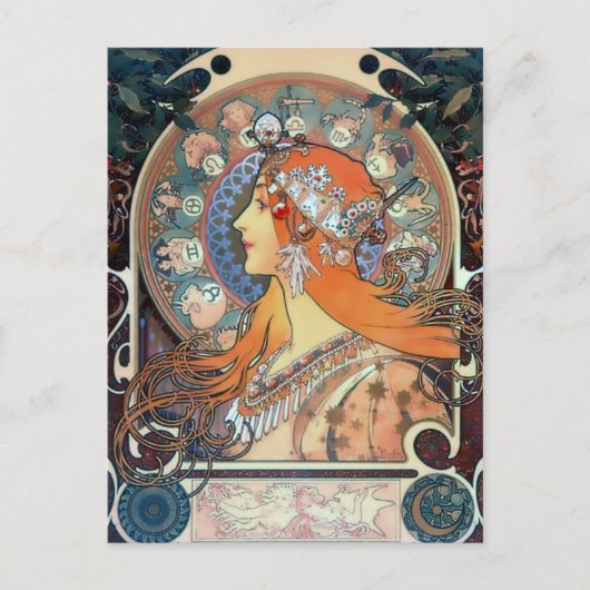 ミュシャ〔占星術の〕十二宮図女性アールデコヴィンテージアートレディ ポストカード (正面)