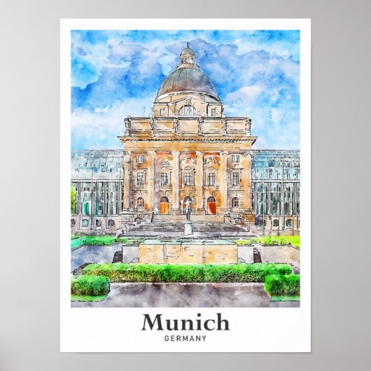 ミュンヘンドイツ旅行水の色の手描き ポスター (正面)