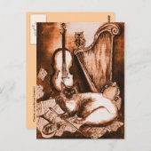 ミュージカルな猫とフクロウ 、茶色と白色 ポストカード (正面/裏面)