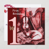 ミュージカルねこ 誕生日パーティー 赤いシャンパン 招待状 (正面/裏面)