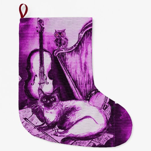 ミュージカルのバイオリンとハープと紫白の猫 ラージクリスマスストッキング (正面)