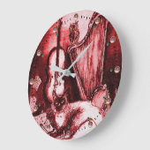 ミュージカルのバイオリンとハープと赤白の猫 ラージ壁時計 (傾斜)