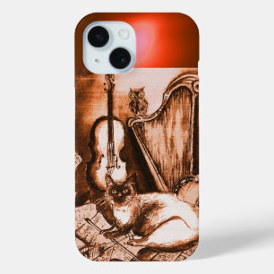 ミュージカルの茶色セピア宝珠付き猫 iPhone 15ケース