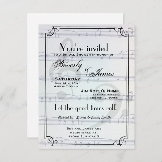 ミュージカルをテーマにしたブライダルシャワーの招待 招待状 (正面/裏面)