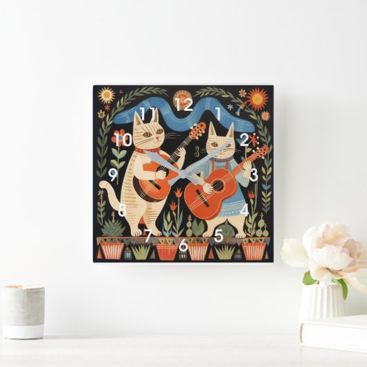 ミュージカルキャッツフォークアート スクエア壁時計 (ホーム)