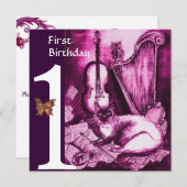 ミュージカルキャットピンク明るい赤紫色誕生パーティー 招待状 (正面/裏面)