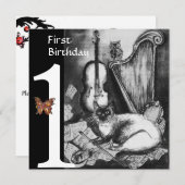 ミュージカルキャットファースト誕生日パーティー白黒 招待状 (正面/裏面)