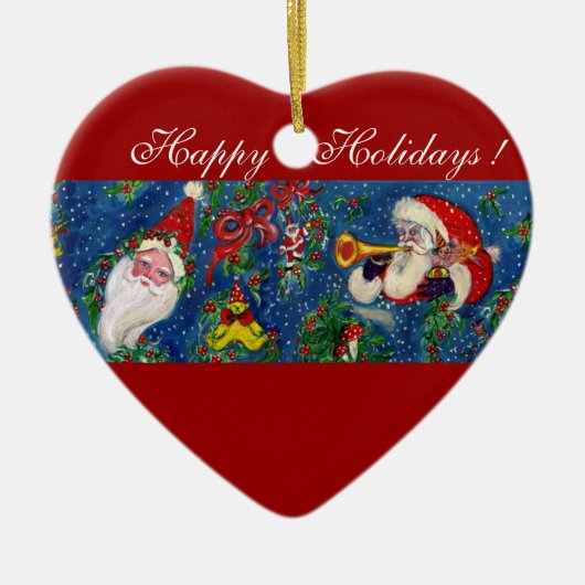 ミュージカルクリスマスナイト、サンタブグラー赤いハート セラミックオーナメント (正面)