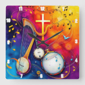 ミュージカルクロスカラフル抽象芸術ハープバンジョドラム スクエア壁時計 (正面)