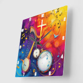 ミュージカルクロスカラフル抽象芸術ハープバンジョドラム スクエア壁時計 (傾斜)