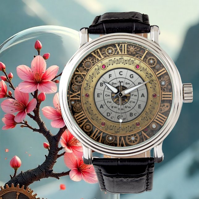 ミュージカルサークルオブファイフス，ヴィンテージ，スティームパンク，アート 腕時計 (Musical Circle of Fifths Theory Watch)