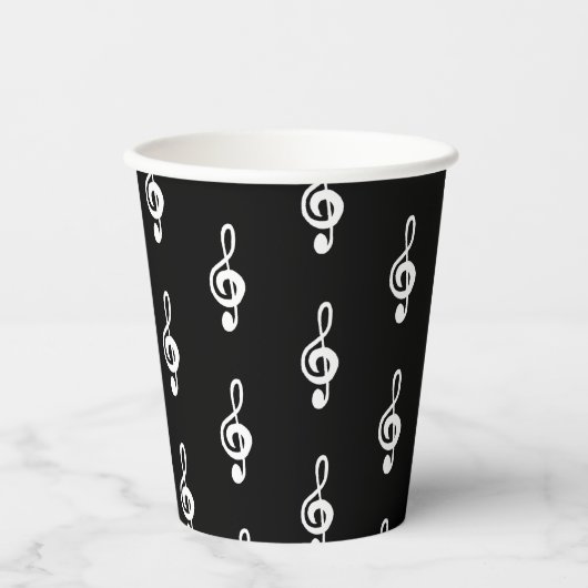 ミュージカルシンボル高音クレフ、 音符記号シンプル白黒 紙コップ (正面)
