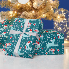 ミュージカルトナカイ鳥ティール(緑がかった色)アクアレッドクリスマスラップ ラッピングペーパー