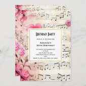 ミュージカルノーツとローズ ヴィンテージデザイン 誕生日 招待状 (正面/裏面)