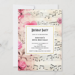 ミュージカルノーツとローズ ヴィンテージデザイン 誕生日 招待状