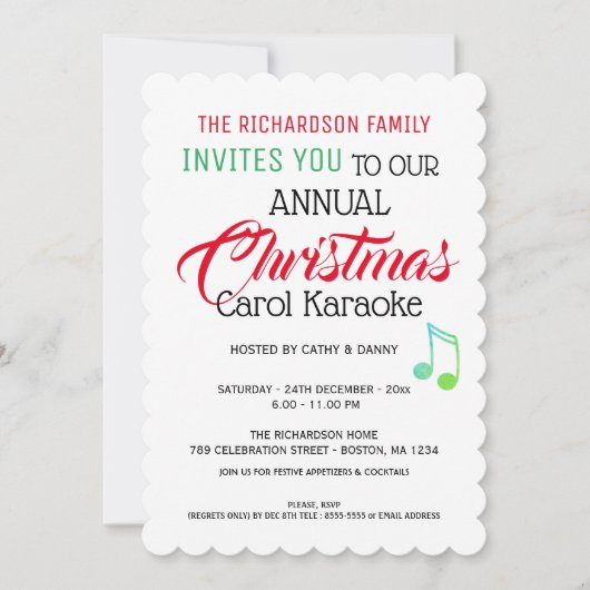 ミュージカルノートクリスマスキャロルカラオケ招待状 招待状 (正面)