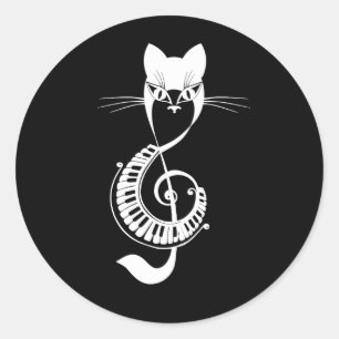 ミュージカルノートブラック猫好きミュージシャン ラウンドシール