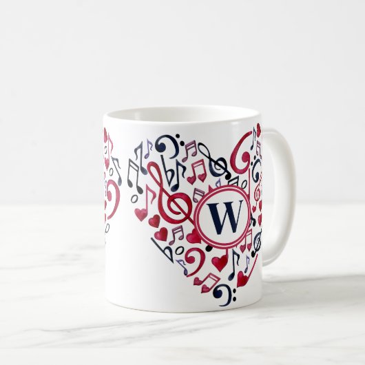 ミュージカルハートノートクレフ、 音符記号ミュージックラブモノグラム コーヒーマグカップ (正面右)
