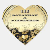 ミュージカルハートブラック&金ゴールドヴィンテージダマスクウェディング ハートシール (正面)