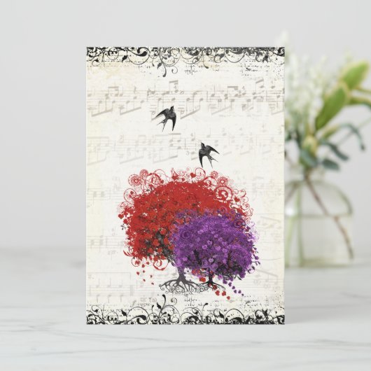 ミュージカルハートリーフレッドツリーヴィンテージ結婚鳥 招待状 (スタンド正面)