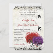 ミュージカルハートリーフレッドツリーヴィンテージ結婚鳥 招待状 (裏面)