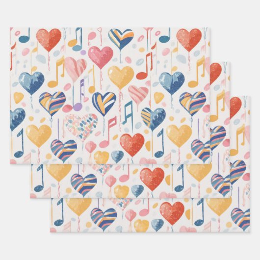 ミュージカルハート包装紙 ラッピングペーパーシート (セット)