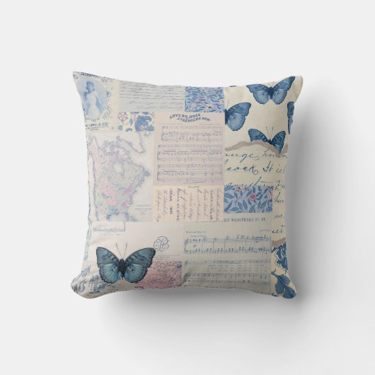 ミュージカルバタフライコラージュ(青と白) クッション (正面)