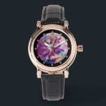 ミュージカルピンクピエロ 腕時計<br><div class="desc">お洒落,ピンクカラフルのピエロと表現豊かなフクロウと楽しい音楽のノートと混ぜ遊たラッパ,花葉,赤,明るい赤紫色,紫,青,青,色,ブルガンルミニによる水色(c)</div>