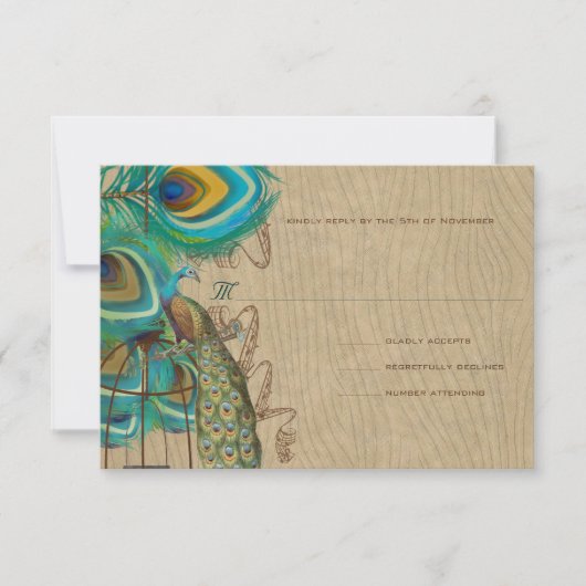 ミュージカルピーコックバードケージフェザーウェディングRSVP 出欠カード (正面)