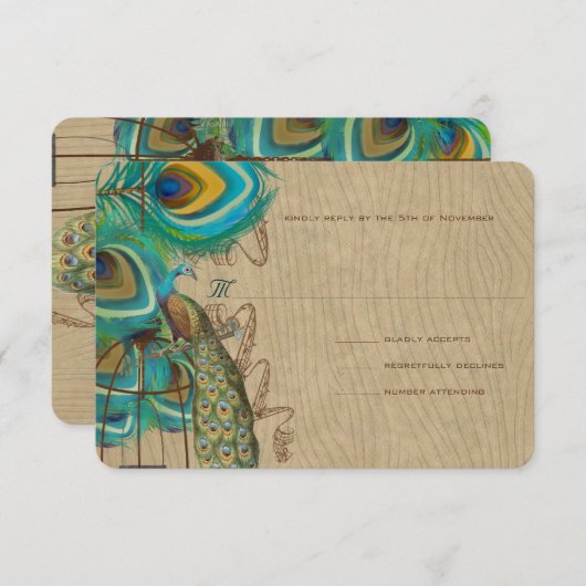 ミュージカルピーコックバードケージフェザーウェディングRSVP 出欠カード (正面/裏面)