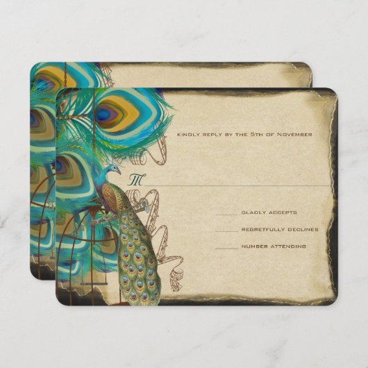 ミュージカルピーコックバードケージフェザーウェディングRSVP 出欠カード