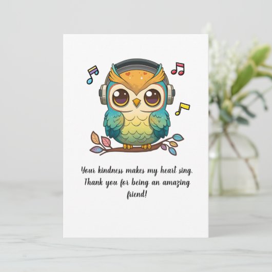 ミュージカルフクロウが木にとまっカラフルた サンキューカード (スタンド正面)