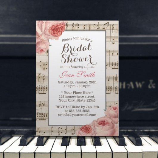 ミュージカルブライダルシャワーヴィンテージピンクエレガントフローラ 招待状