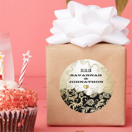 ミュージカルブラック&ライト金ゴールドヴィンテージダマスクウェディング ラウンドシール (パーティー)