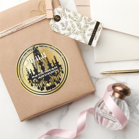 ミュージカルブラック&金ゴールドヴィンテージシャンデリアウェディング ラウンドシール (ギフト)