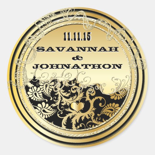 ミュージカルブラック&金ゴールドヴィンテージダマスクウェディング ラウンドシール (正面)