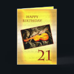 ミュージカル付き21ST誕生日カード カード<br><div class="desc">絹にヴァイオリンを着けたミュージカルカード。背景には楽譜のページがある。私の店で年齢や人間関係のためのカードの全範囲を参照する。すべてのアートワークの著作権Norma Cornes</div>