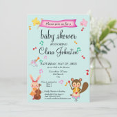 ミュージカル動物男女兼用ティール（緑がかった色）ベビーシャワー 招待状 (スタンド正面)