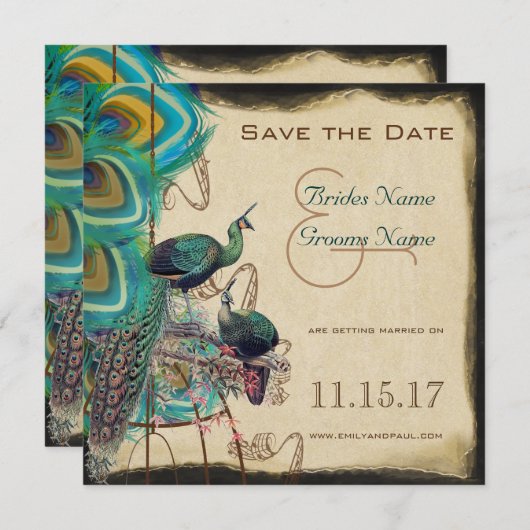 ミュージカル孔雀の鳥かご愛の鳥の日付を保存 招待状 (正面/裏面)