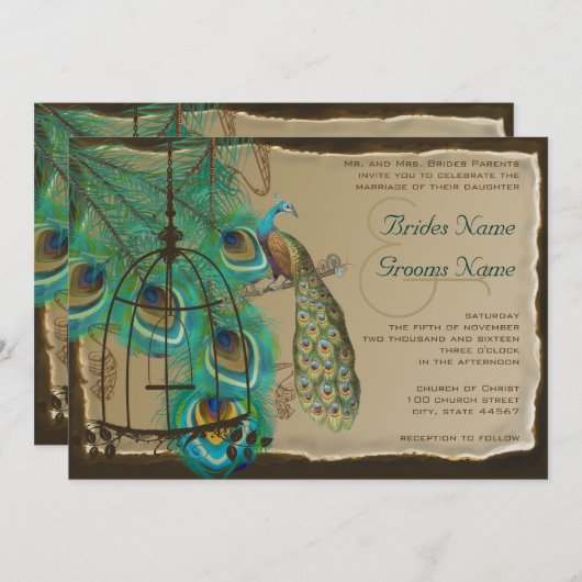 ミュージカル孔雀バードケージフェザーバーンドパーチメント 招待状 (正面/裏面)