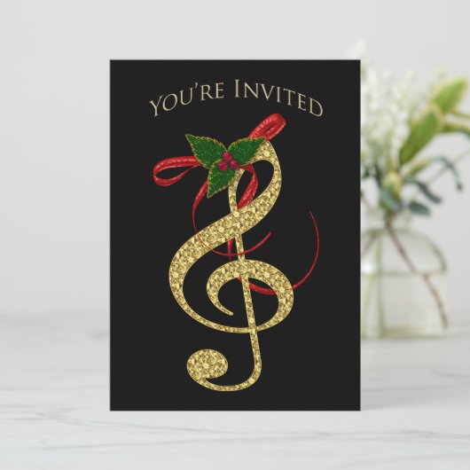 ミュージカル招待状 – クリスマス – G-クレフ、 音符記号金ゴールド 招待状 (スタンド正面)