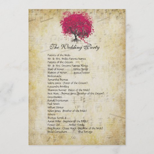 ミュージカル明るい赤紫色ハートリーフツリー結婚式 プログラム (裏面)