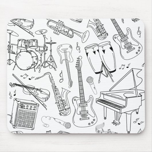 ミュージカル楽器コラージュ(白黒) マウスパッド (正面)