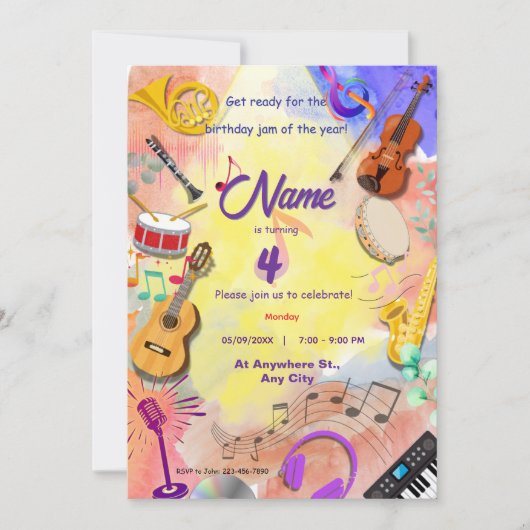 ミュージカル楽器テーマキッズB'day 招待状 (正面)